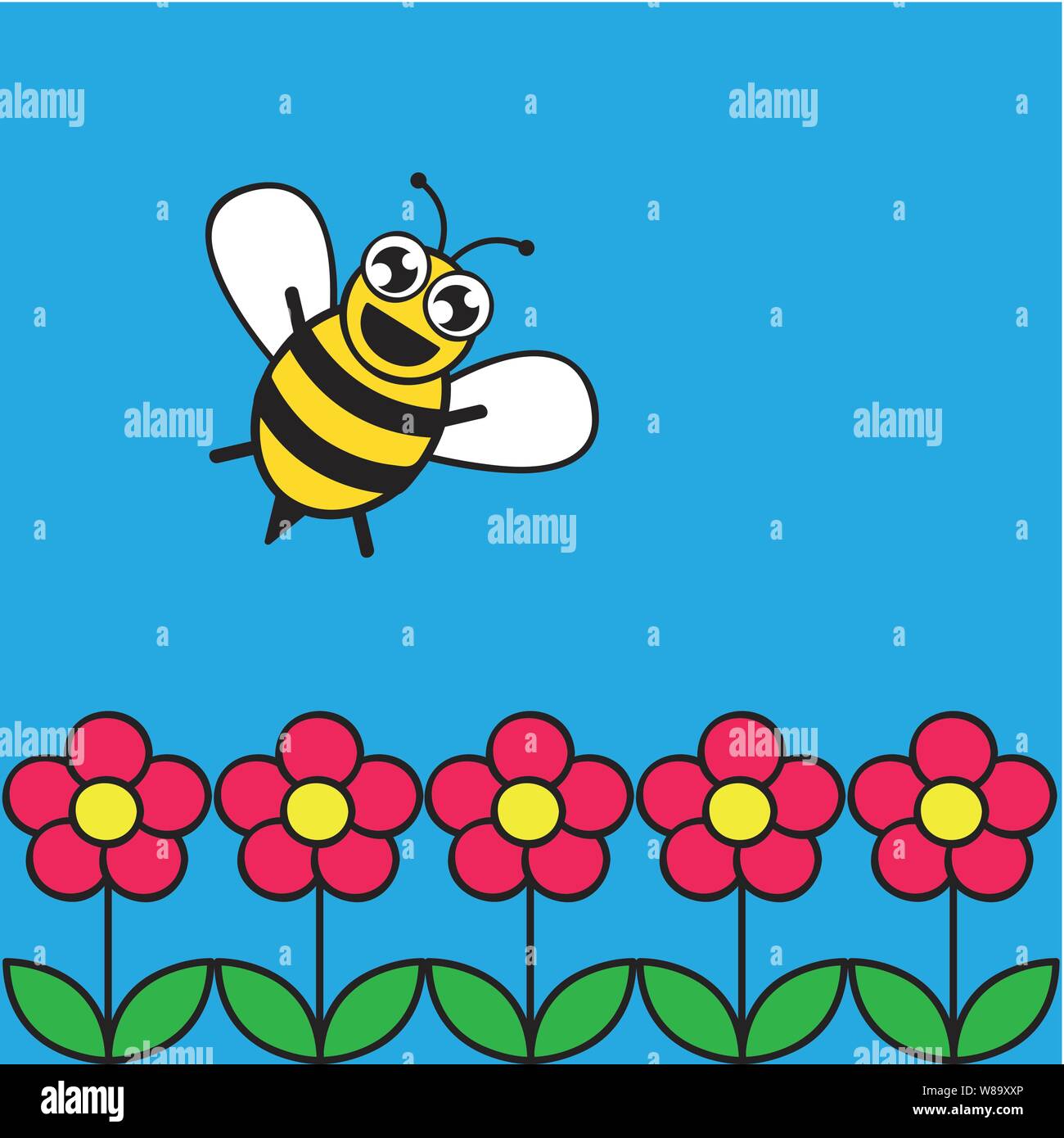 cute happy honey bee in a pink flower garden vector illustration ...