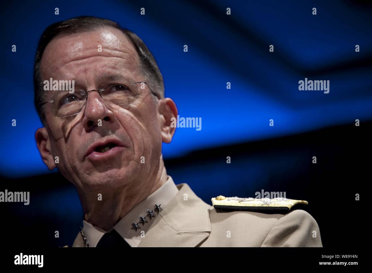 Chairman of the Joint Chiefs of Staff Adm. Mike Mullen addresses audience members at the Asia Society Washington Awards Dinner in Washington, D.C., on June 9, 2010. Mullen was presented the Public Policy Leadership Award on behalf of the U.S. Services at the event. The Asia Society is a leading global organization working to strengthen relationships and promote understanding among the people, leaders and institutions of Asia and the United States. Stock Photo