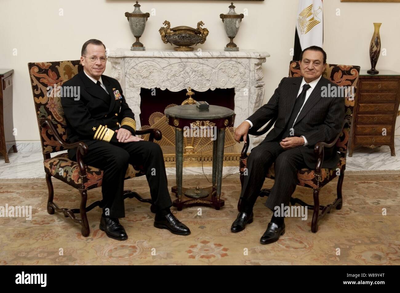 Chairman of the Joint Chiefs of Staff Adm. Mike Mullen, U.S. Navy, meets with Egyptian President Hosni Mubarak in Cairo on Feb. 14, 2010.  Mullen is on a weeklong tour of the region visiting with key partners and allies. Stock Photo
