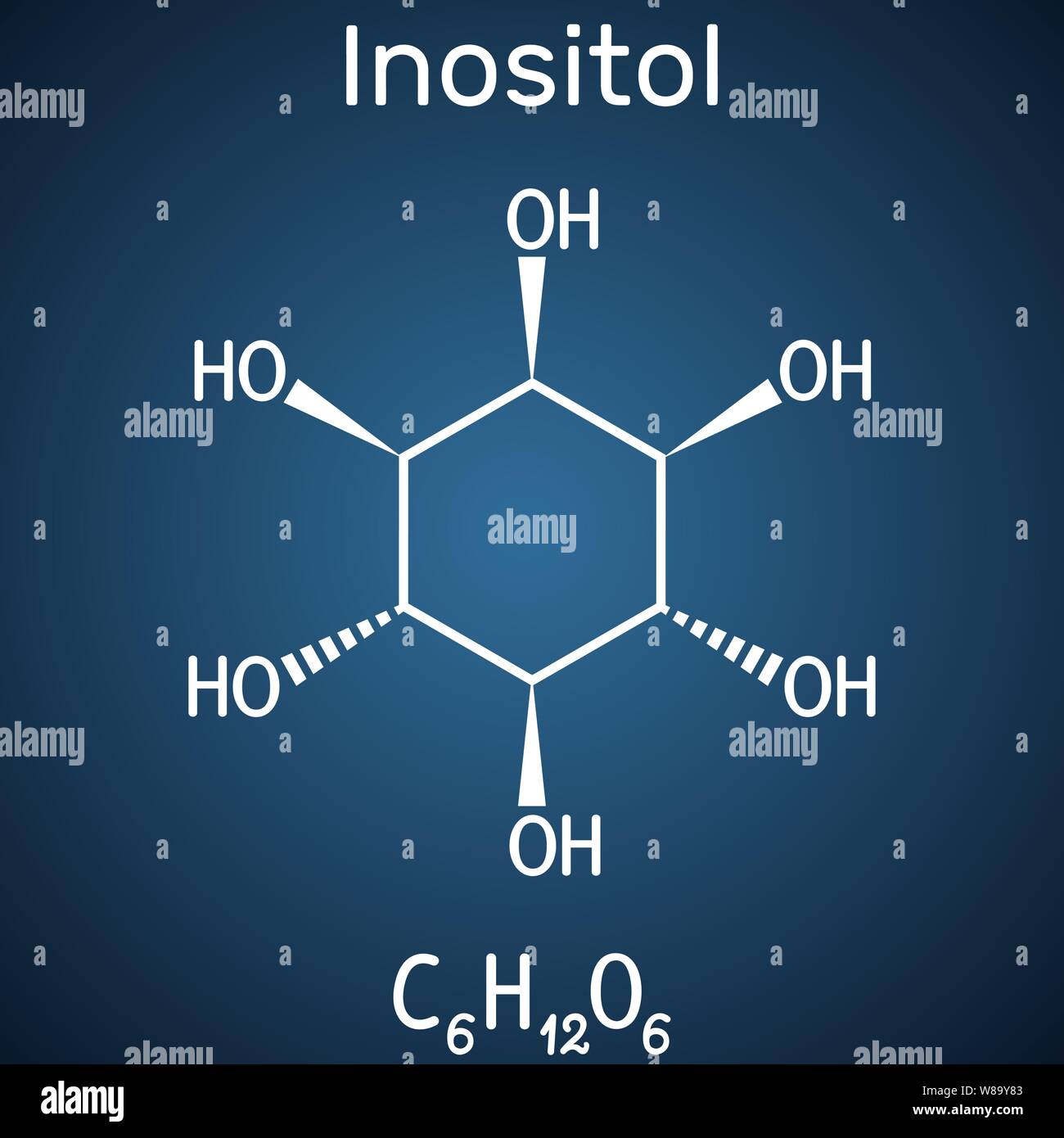 Inositol, myo-inositol,  vitamin-like essential nutrien molecule. Structural chemical formula on the dark blue background. Vector illustration Stock Vector