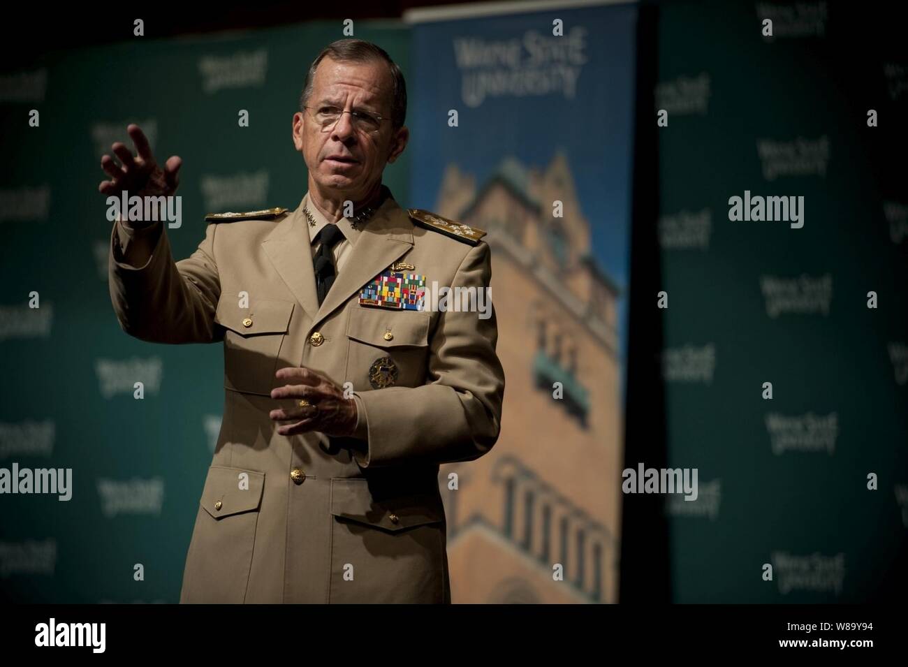 Chairman of the Joint Chiefs of Staff Adm. Mike Mullen, U.S. Navy, addresses audience members at Wayne State University in Detroit, Mich., on Aug. 26, 2010.  Mullen is on a three-day Conversation with the Country tour to the Midwest discussing needs of returning troops, their families and how community leaders can support them. Stock Photo