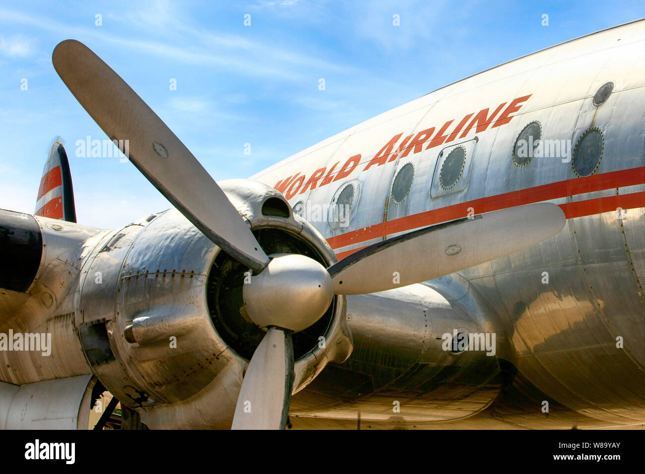 Wright R-3550 Radial engine on the wing of a Lockheed L1049 Constellation of TWA Stock Photo