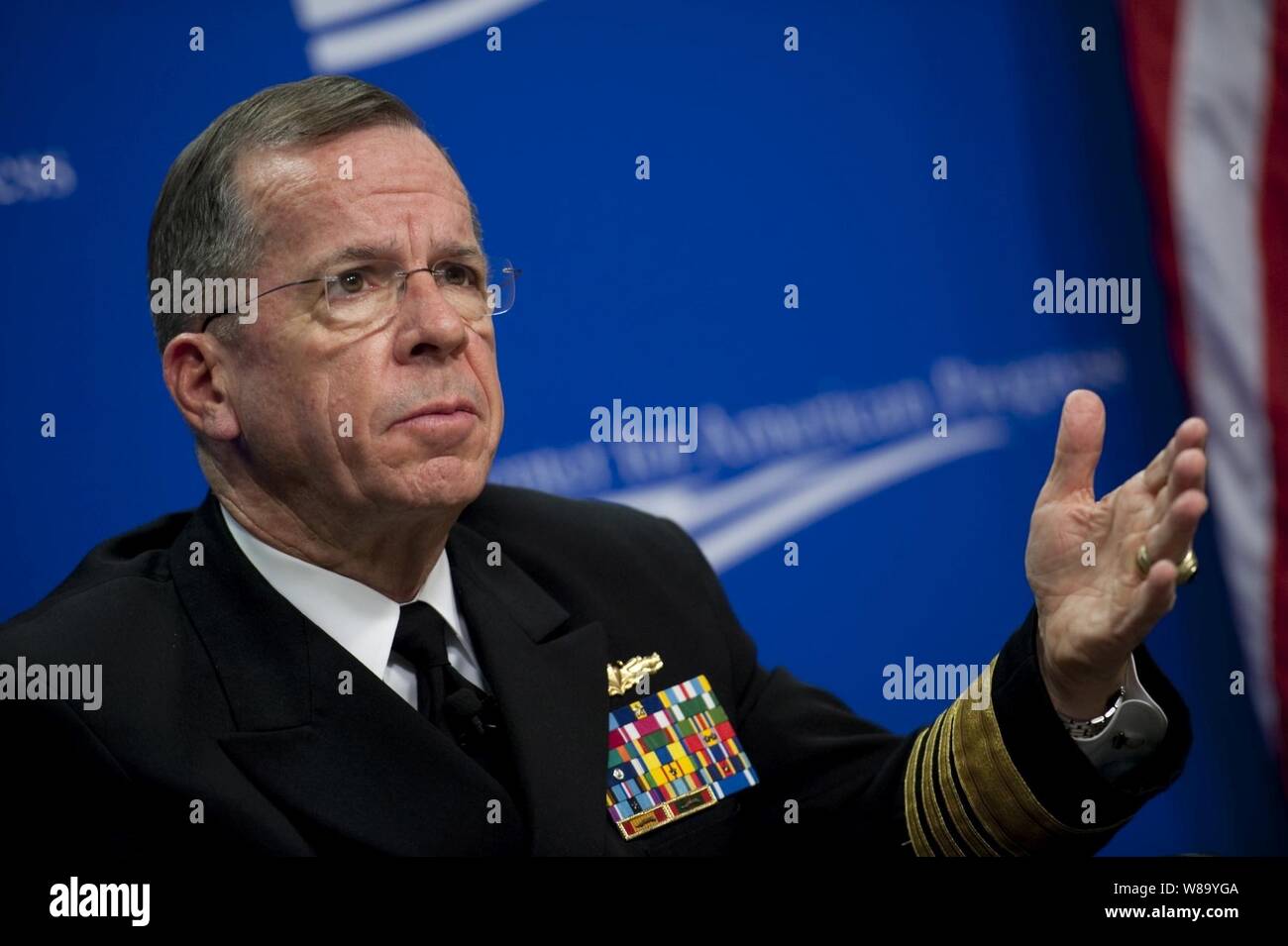 Chairman of the Joint Chiefs of Staff Adm. Mike Mullen, U.S. Navy, addresses the Center for American Progress on the current military-to-military dialogue between the United States and China in Washington, D.C., on Dec. 1, 2010. Stock Photo