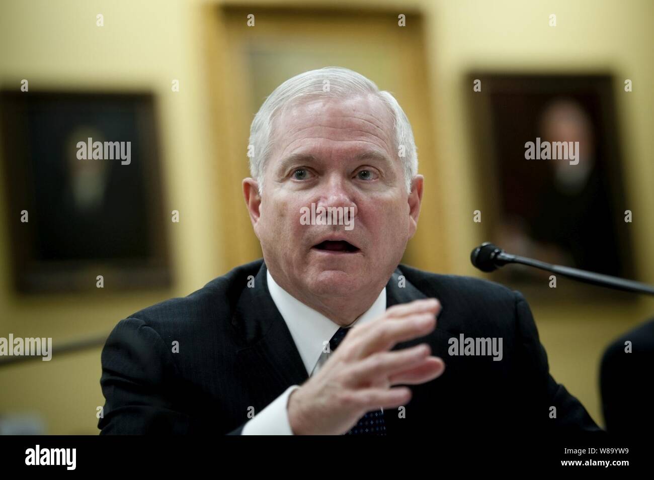 Secretary of Defense Robert M. Gates testifies at a hearing of the House Appropriations Committee on the fiscal 2012 budget at the Rayburn House Office Building in Washington, D.C., on March 3, 2011. Stock Photo