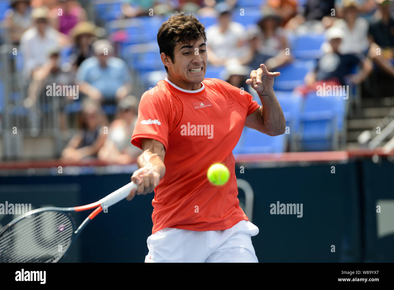 Montreal, Quebec, Canada. 8th Aug, 2019. CRISTIAN GARIN of Chile in his  third round match v. D. Medvedev in the Rogers Cup tennis tournament in  Montreal Canada. Credit: Christopher Levy/ZUMA Wire/Alamy Live