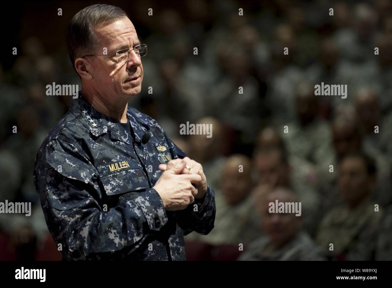 Chairman of the Joint Chiefs of Staff Adm. Mike Mullen, U.S. Navy, addresses students assigned to the U.S. Army Sergeants Major Academy at Fort Bliss in El Paso, Texas, on March 10, 2011. Stock Photo