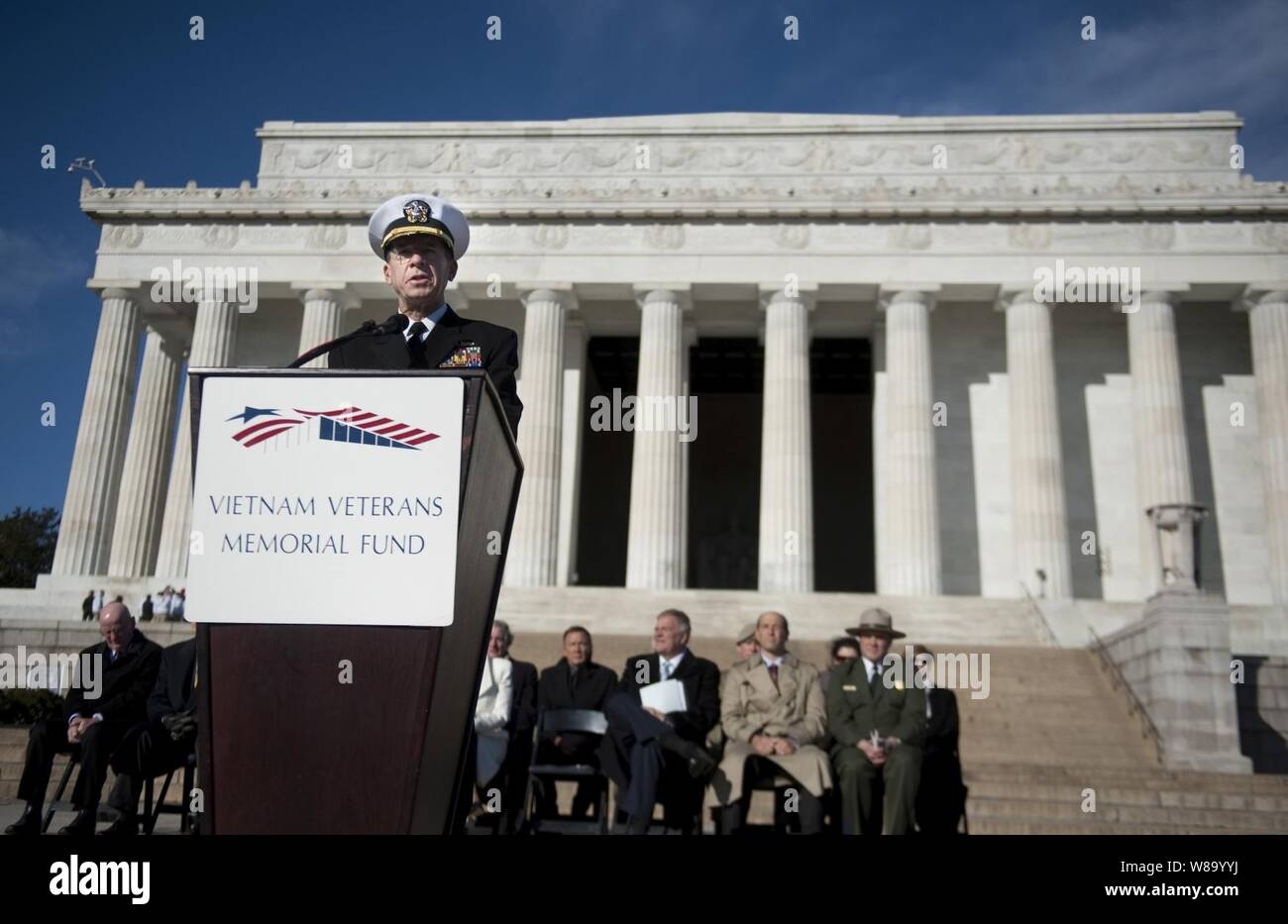 Chairman of the Joint Chiefs of Staff Adm. Mike Mullen, U.S. Navy, introduces Australian Prime Minister Julia Gillard at a ceremony on the steps of the Lincoln Memorial in Washington, D.C., on March 7, 2011.  The ceremony announced the donation of $3.3 million by the Australian government to help fund the 'Education Center at the Wall' that would be located near the Vietnam Veterans? Memorial. Stock Photo