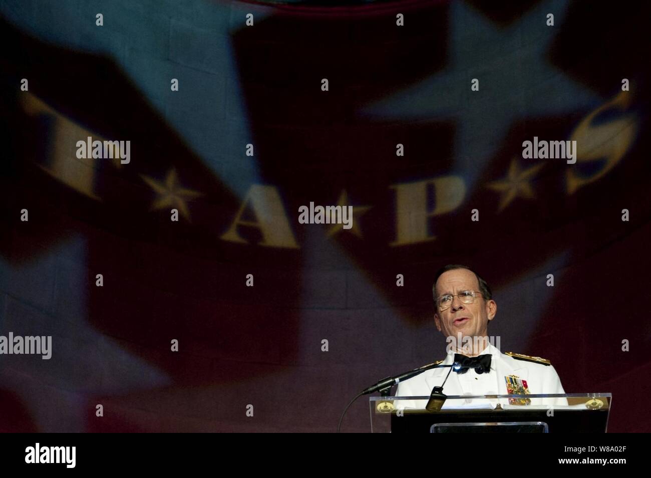 Chairman of the Joint Chiefs of Staff Adm. Mike Mullen, U.S. Navy, delivers remarks at the 2011 Tragedy Assistance Program for Survivors Honor Guard Gala in Washington, D.C., on April 5, 2011. Stock Photo