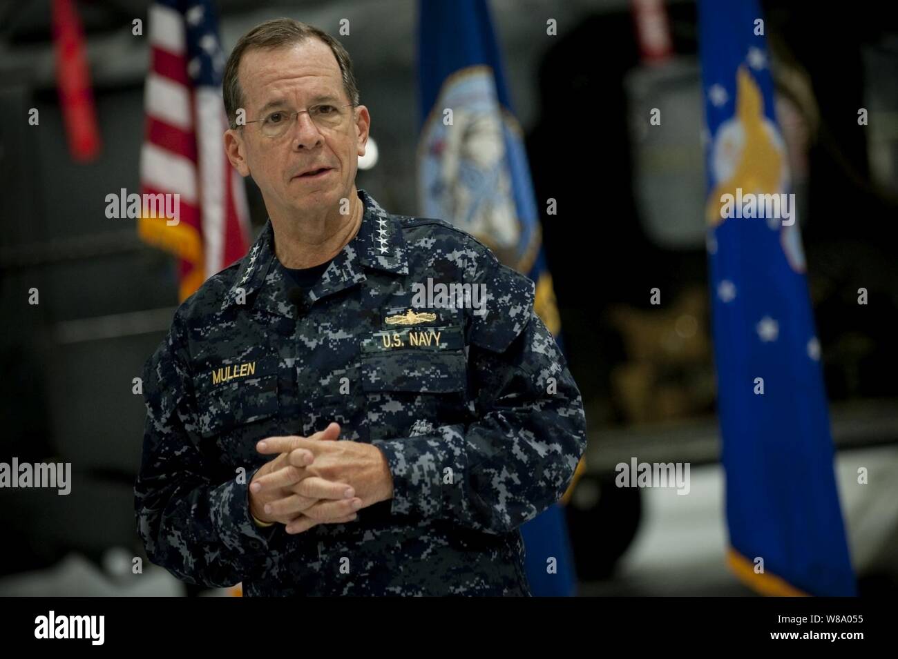 Chairman of the Joint Chiefs of Staff Adm. Mike Mullen, U.S. Navy, addresses airman assigned to the 58th Rescue Squadron at Nellis Air Force Base, Nev., on April 13, 2011. Stock Photo
