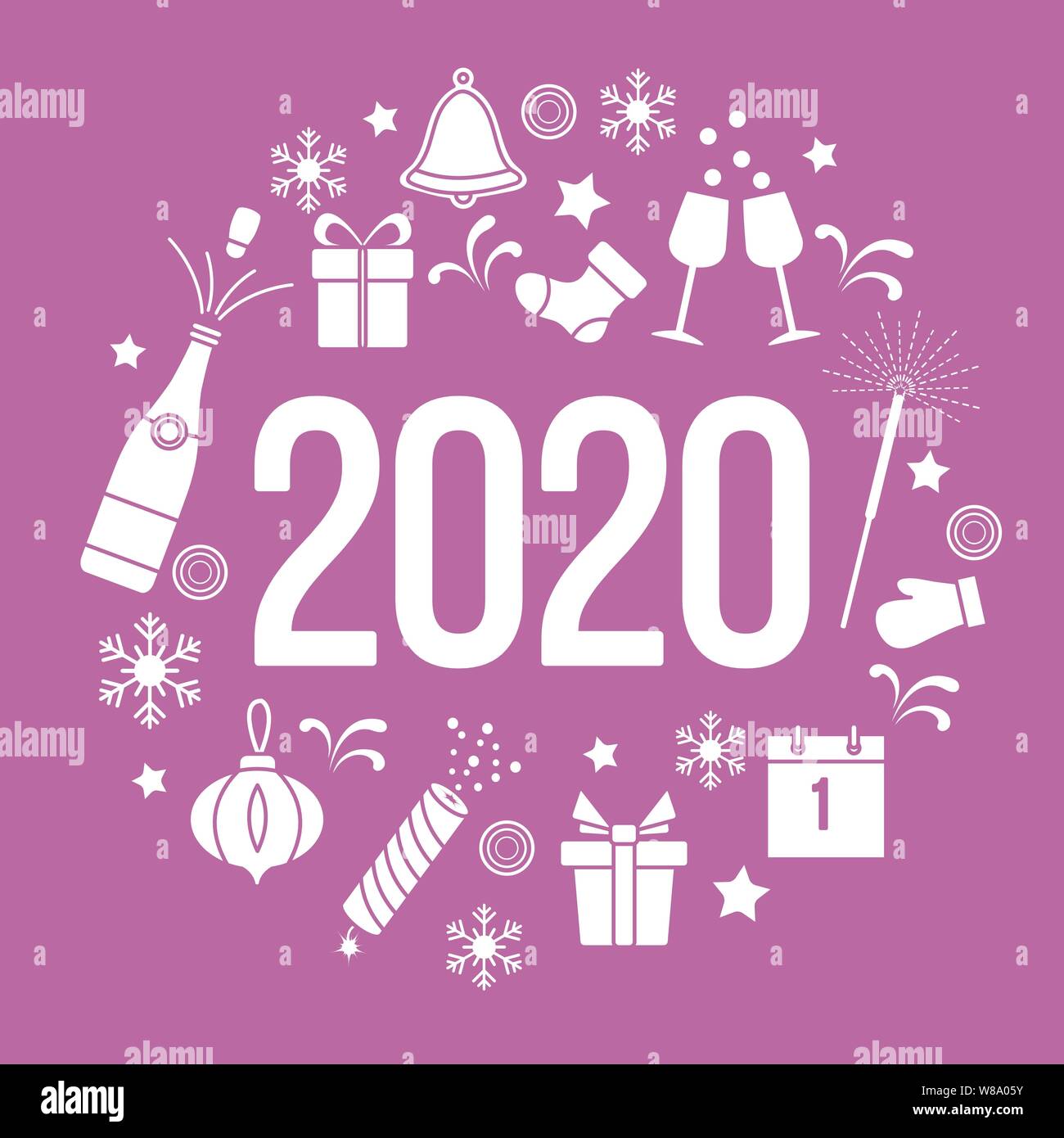 Happy New Year 2020 card. Gift boxes, bottle, glasses, Christmas sock, gingerbread bell, poppers, sparkler, mitten, calendar, snowflakes. Design for p Stock Vector