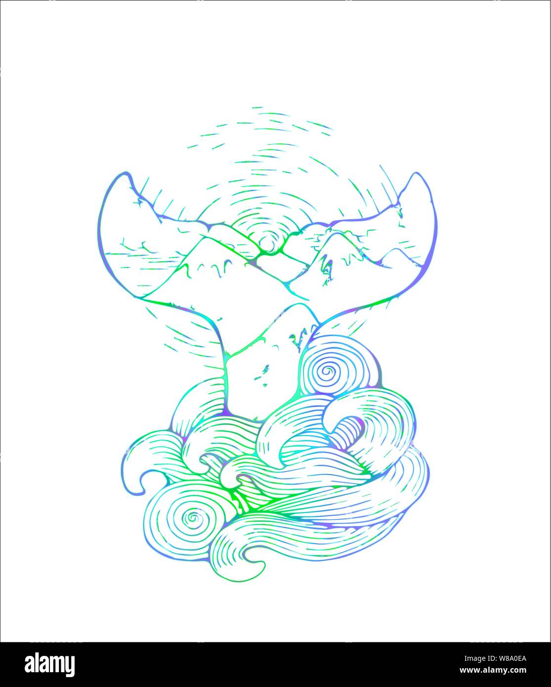 Neon illustration of a whale's tail disappearing into the sea wave. Graphics, sun, mountain. Idea for tattoo. Stock Vector