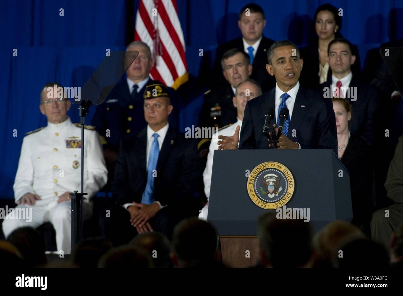 President Barack Obama addresses audience members at the Washington Navy Yard on August 5, 2011.  Obama delivered remarks on the Administration's initiative to help America's veterans find employment. Stock Photo
