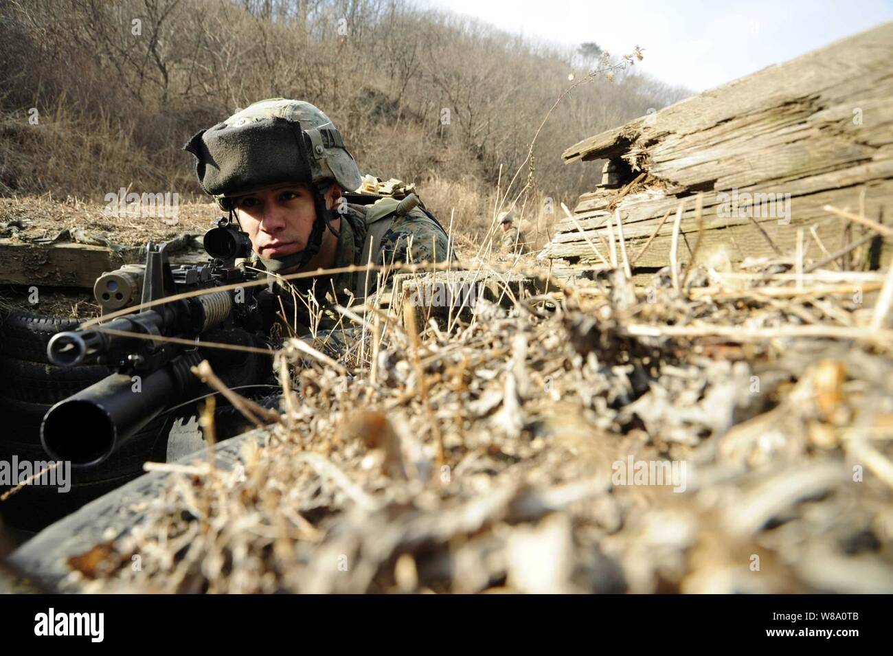 U.S. Marine Corps Lance Cpl. Mario Melendez, assigned to Fleet Antiterrorism Security Team Pacific, stands guard as fellow Marines clear a trench in a tactical movement exercise at Camp Rodriguez, South Korea, on March 1, 2012.  Marines assigned to the antiterrorism security team trained at the Camp Rodriguez live fire complex during the exercise. Stock Photo