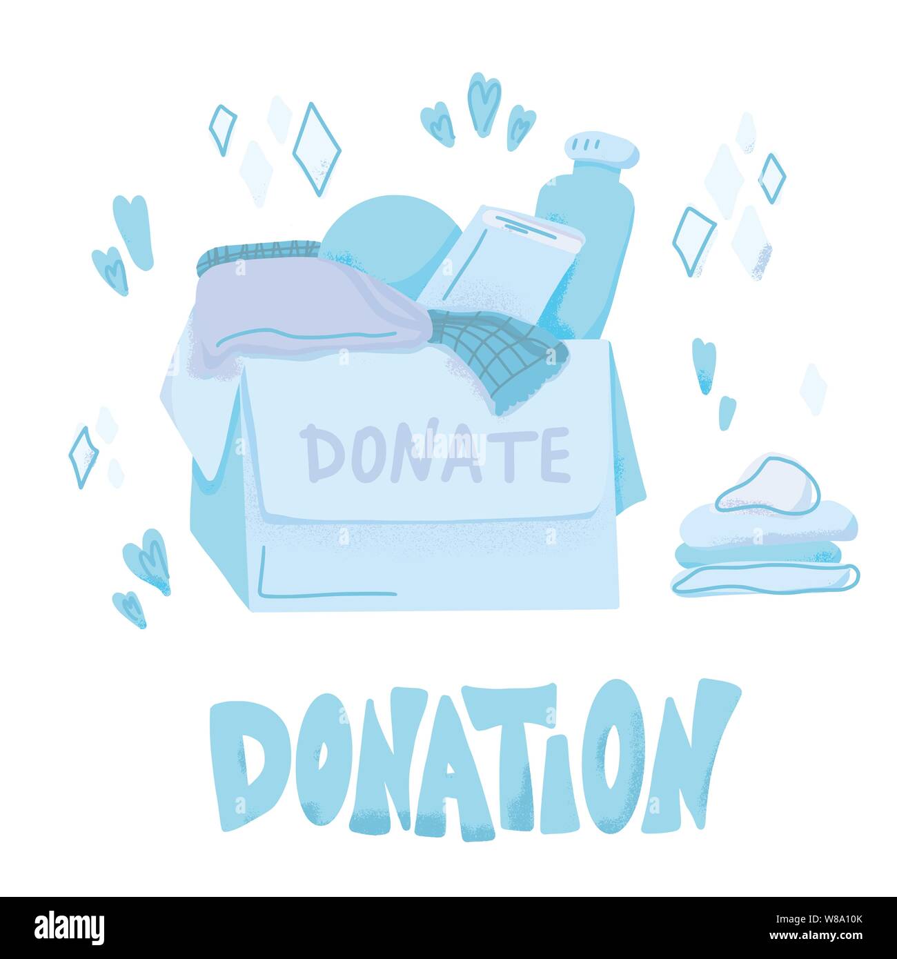 Donation box with different things and  inscription isolated on white background. Charity elements in flat style. Vector color illustration. Stock Vector