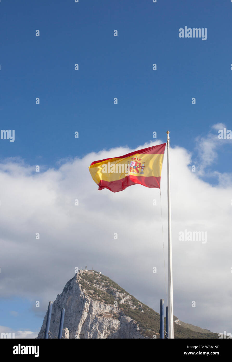 Spanish flag weaving at Gibraltar border. La Línea de la Concepción, Cádiz, Spain Stock Photo