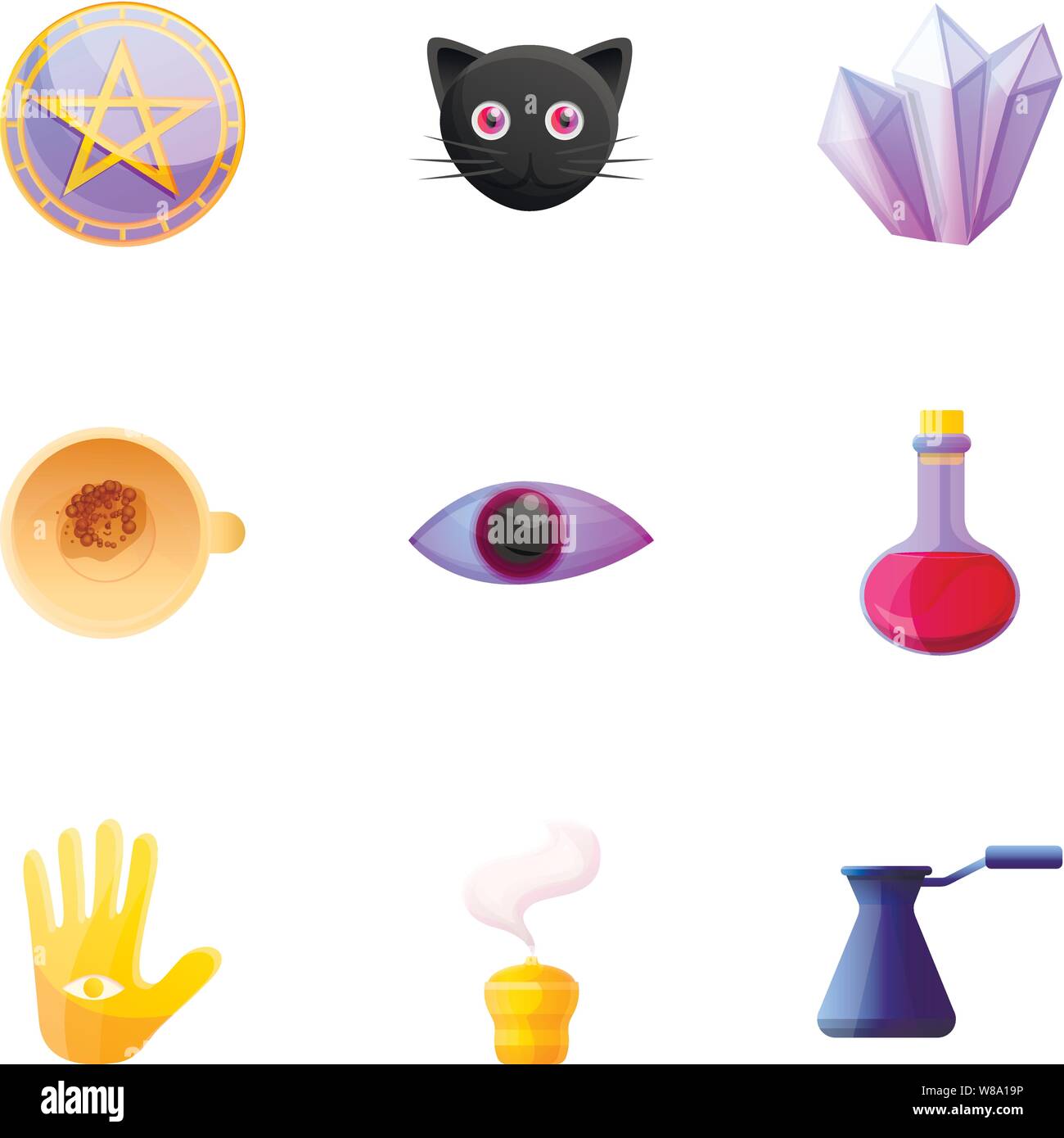 Magic witch tools icon set. Cartoon set of 9 magic witch tools vector icons for web design isolated on white background Stock Vector