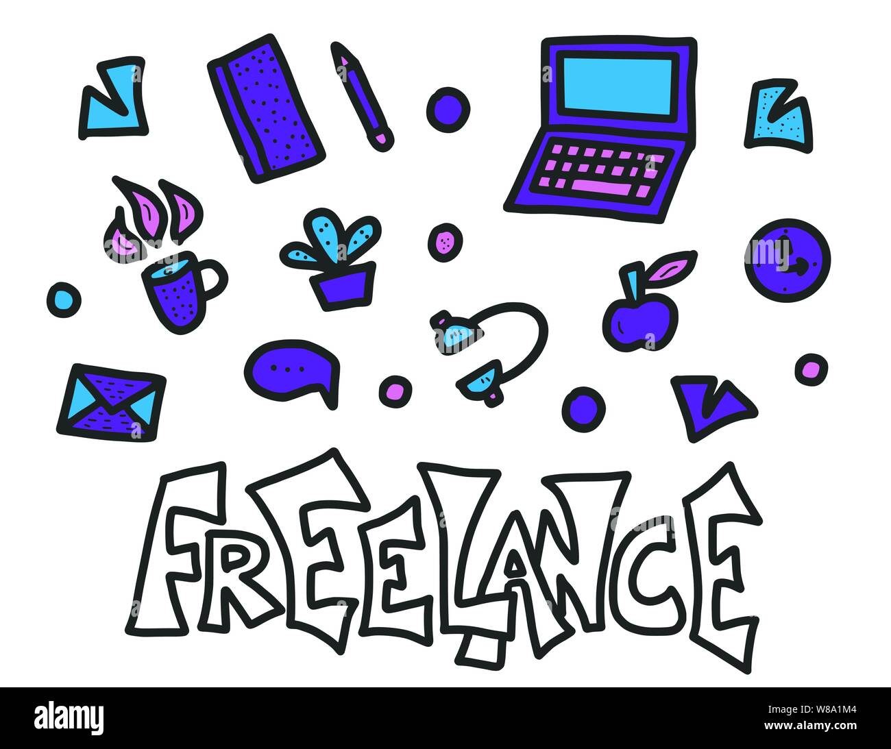 Freelance text. Hand drawn lettering with job design elements. Vector