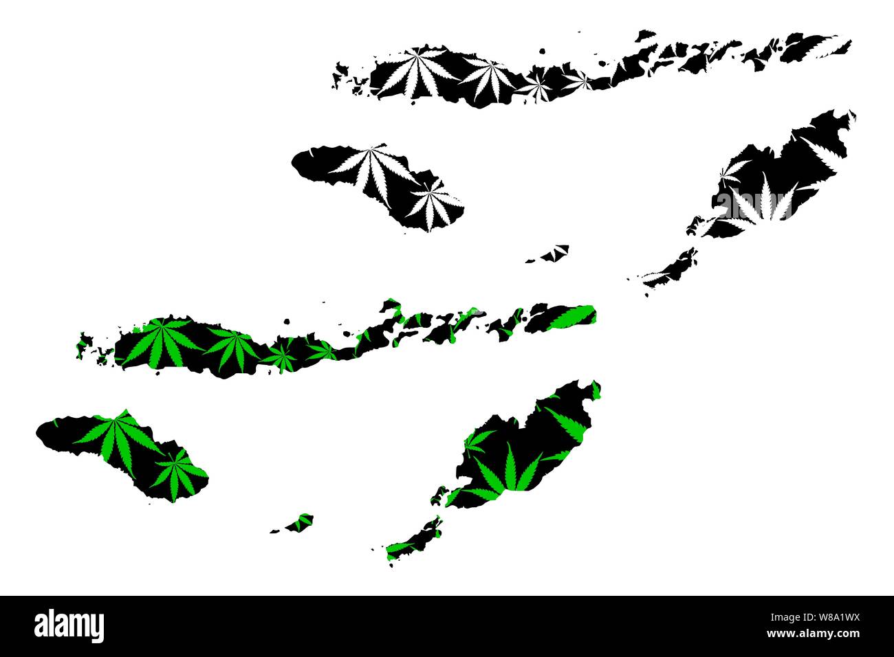 East Nusa Tenggara (Subdivisions of Indonesia, Provinces) map is designed cannabis leaf green and black, Nusa Tenggara Timur (Lesser Sunda Islands) ma Stock Vector