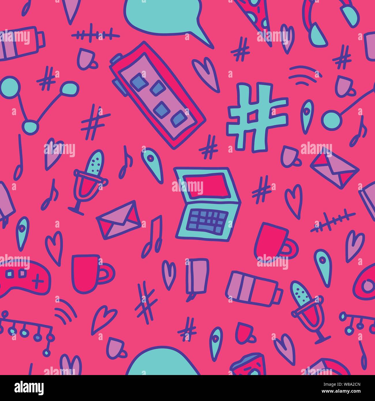 Seamless pattern with elemens in doodle style. Vector endless background. Stock Vector