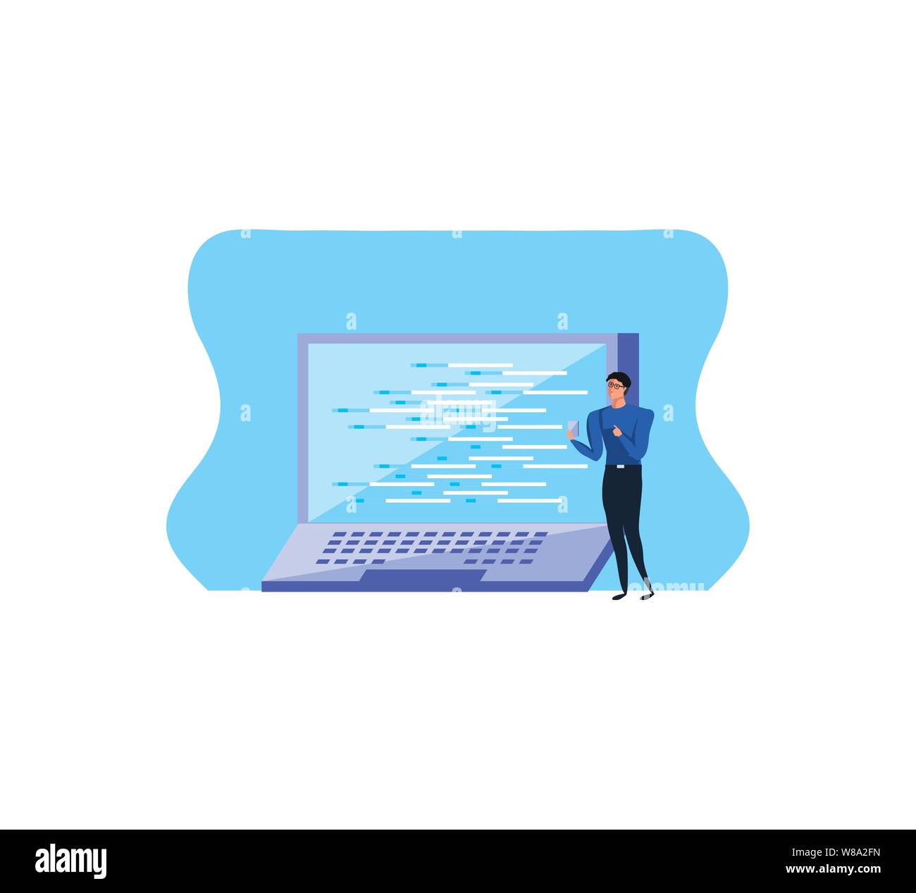business man using smartphone with laptop computer vector illustration design Stock Vector