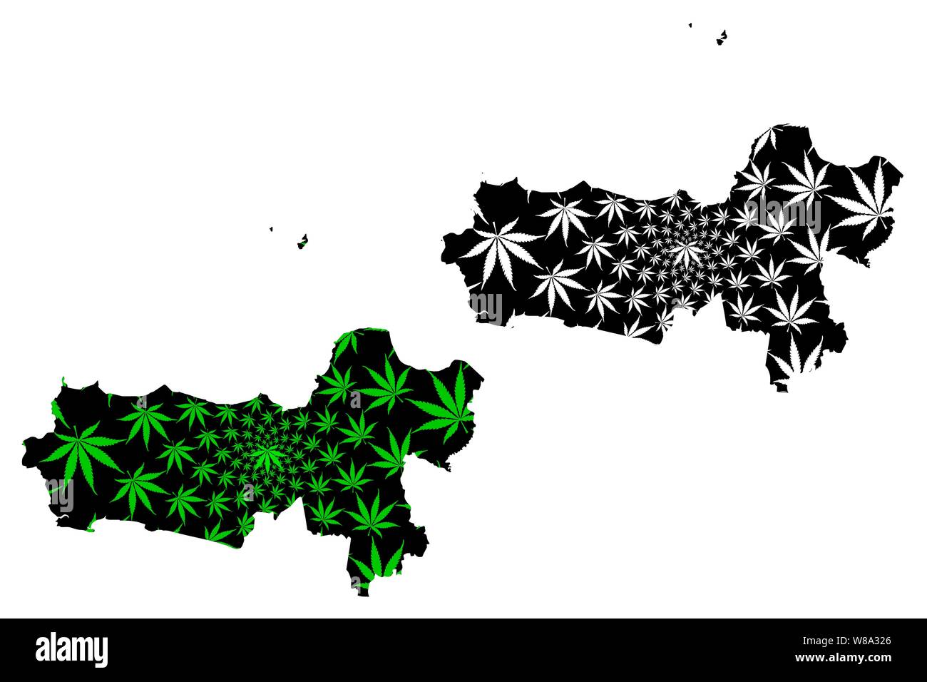 Central Java (Subdivisions of Indonesia, Provinces of Indonesia) map is designed cannabis leaf green and black, Jawa Tengah map made of marijuana (mar Stock Vector