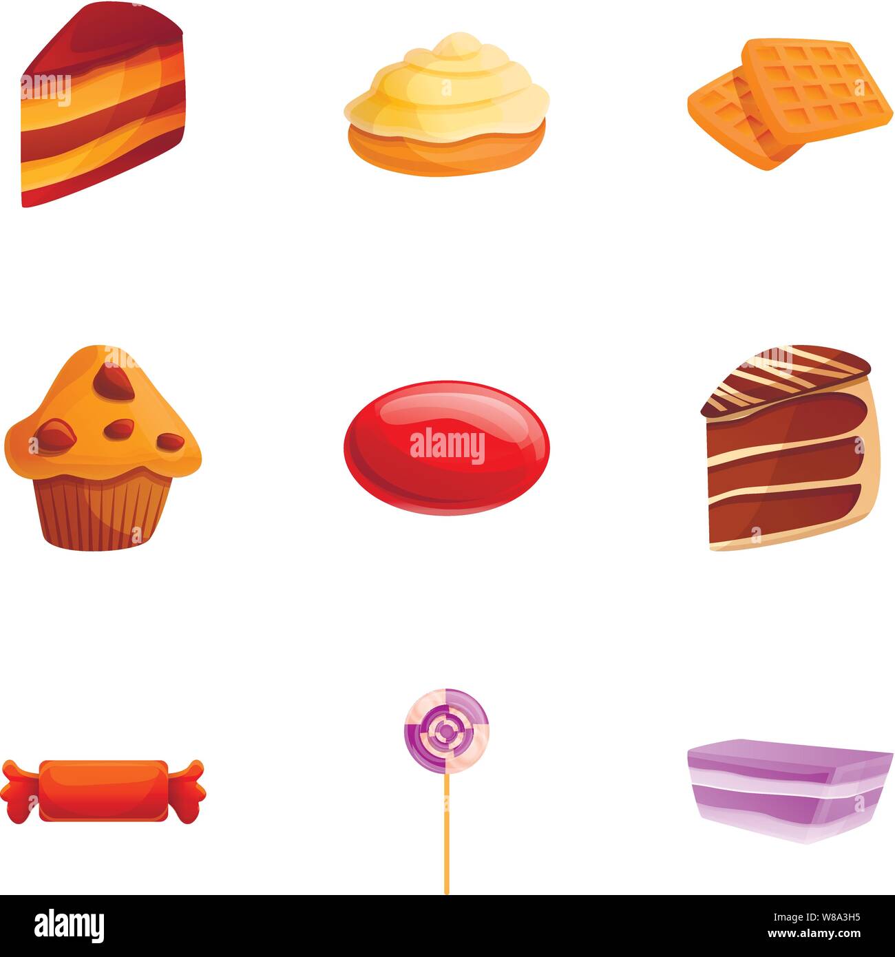 Candy sweets icon set. Cartoon set of 9 candy sweets vector icons for