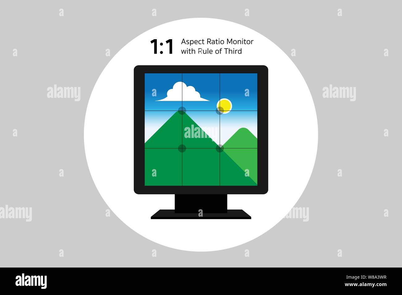 Rule of thirds with 1 by 1 aspect ratio, old technology with glass monitor but still important with composition in arts. Stock Vector