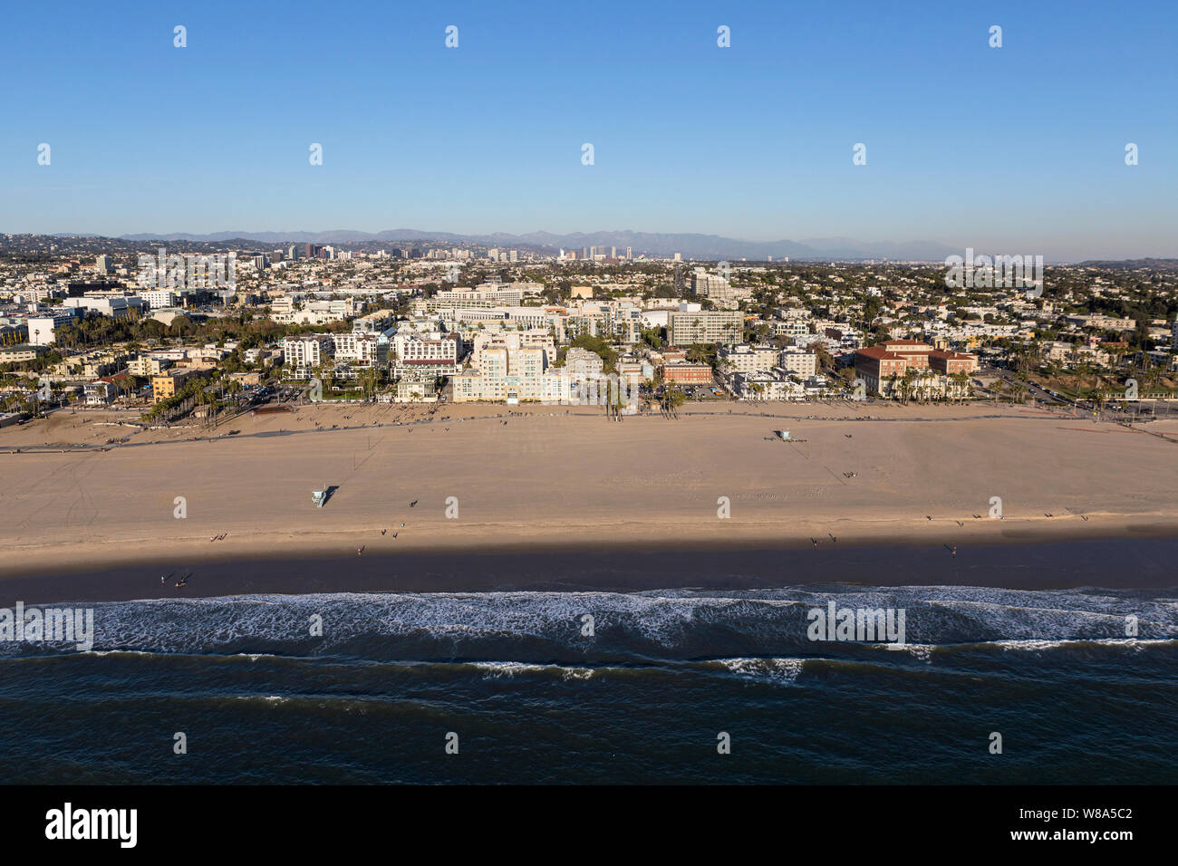 Aerial view of popular Santa Monica Beach and the Pacific Ocean in Los ...