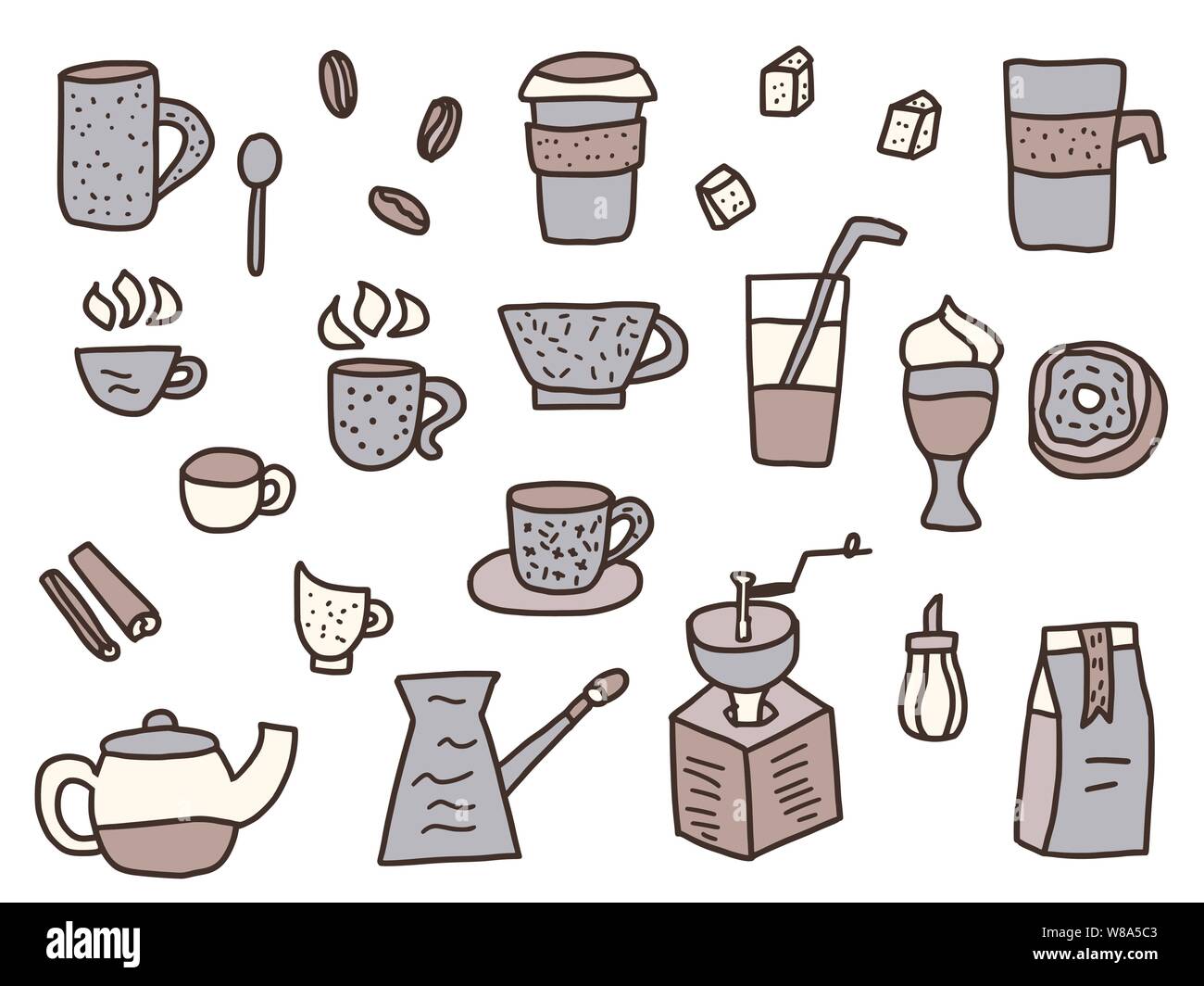 Collection of coffee items isolated on white background. Vector color illustration Stock Vector