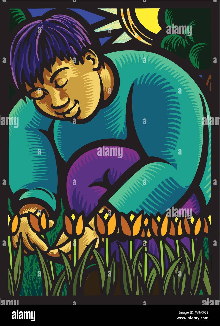 Asian male gardener tending to a row of tulips in a stark heavy black line style like stained glass illustration with sun & trees as a backdrop Stock Vector