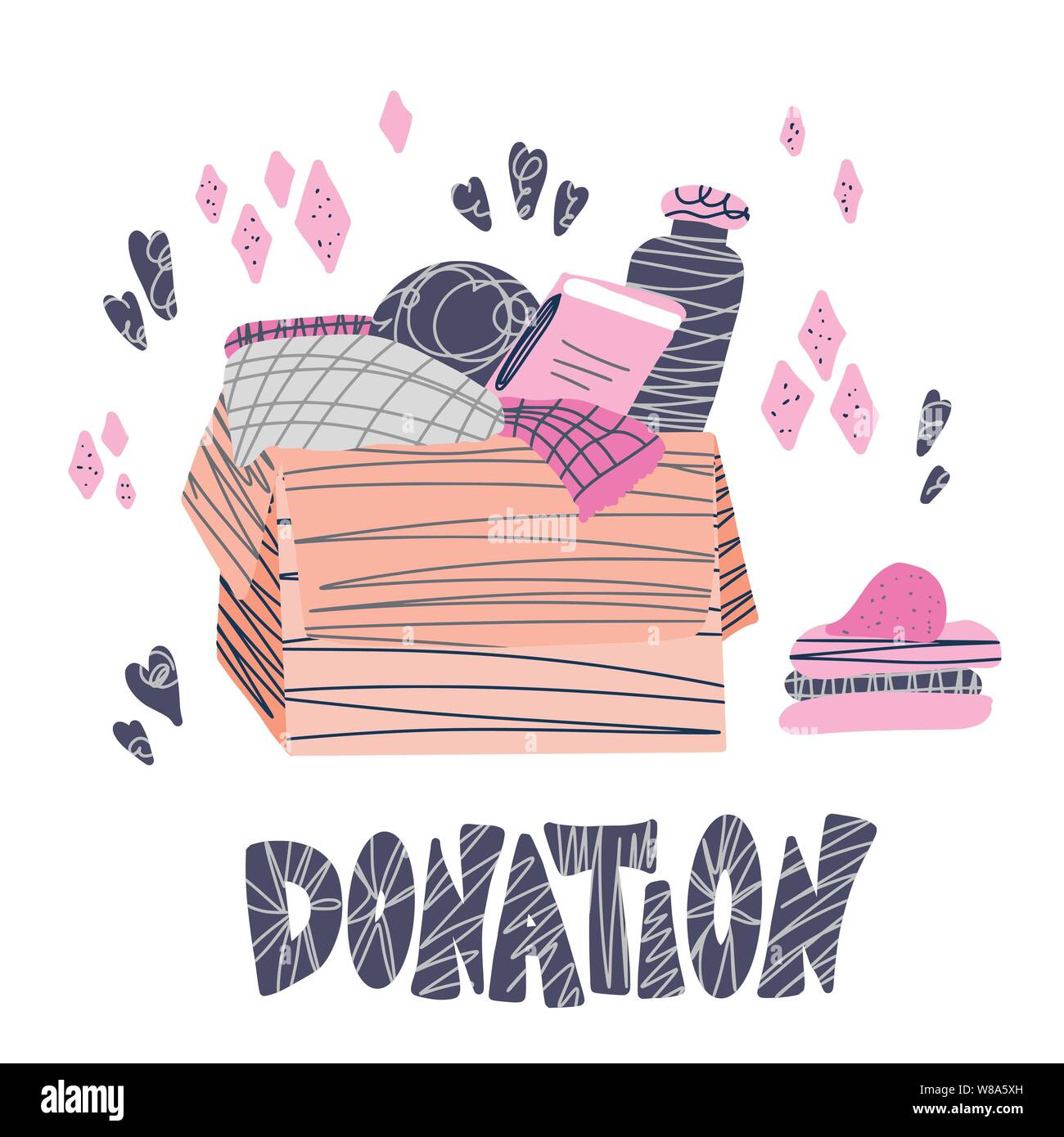 Donation concept. Box with stuff and text. Donate things with lettering isolated on white background. Charity elements in flat style. Vector color ill Stock Vector