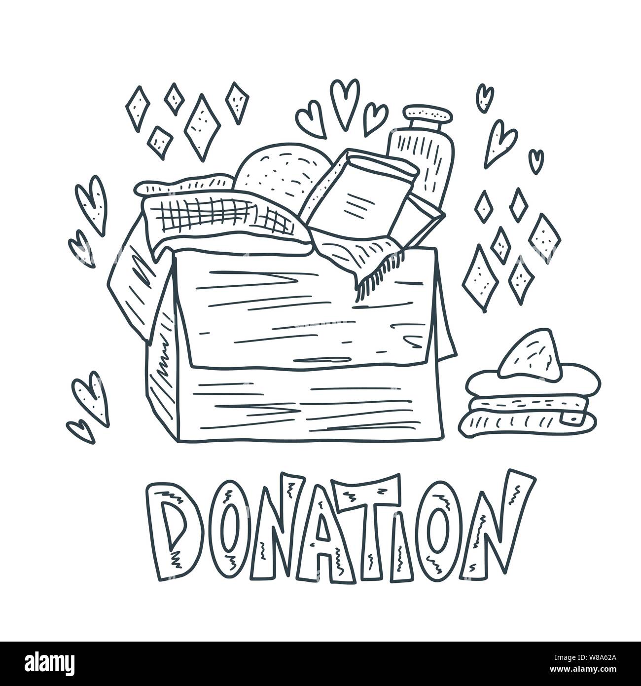 Donation box isolated on white background. Charity elements. Vector sketch illustration. Stock Vector