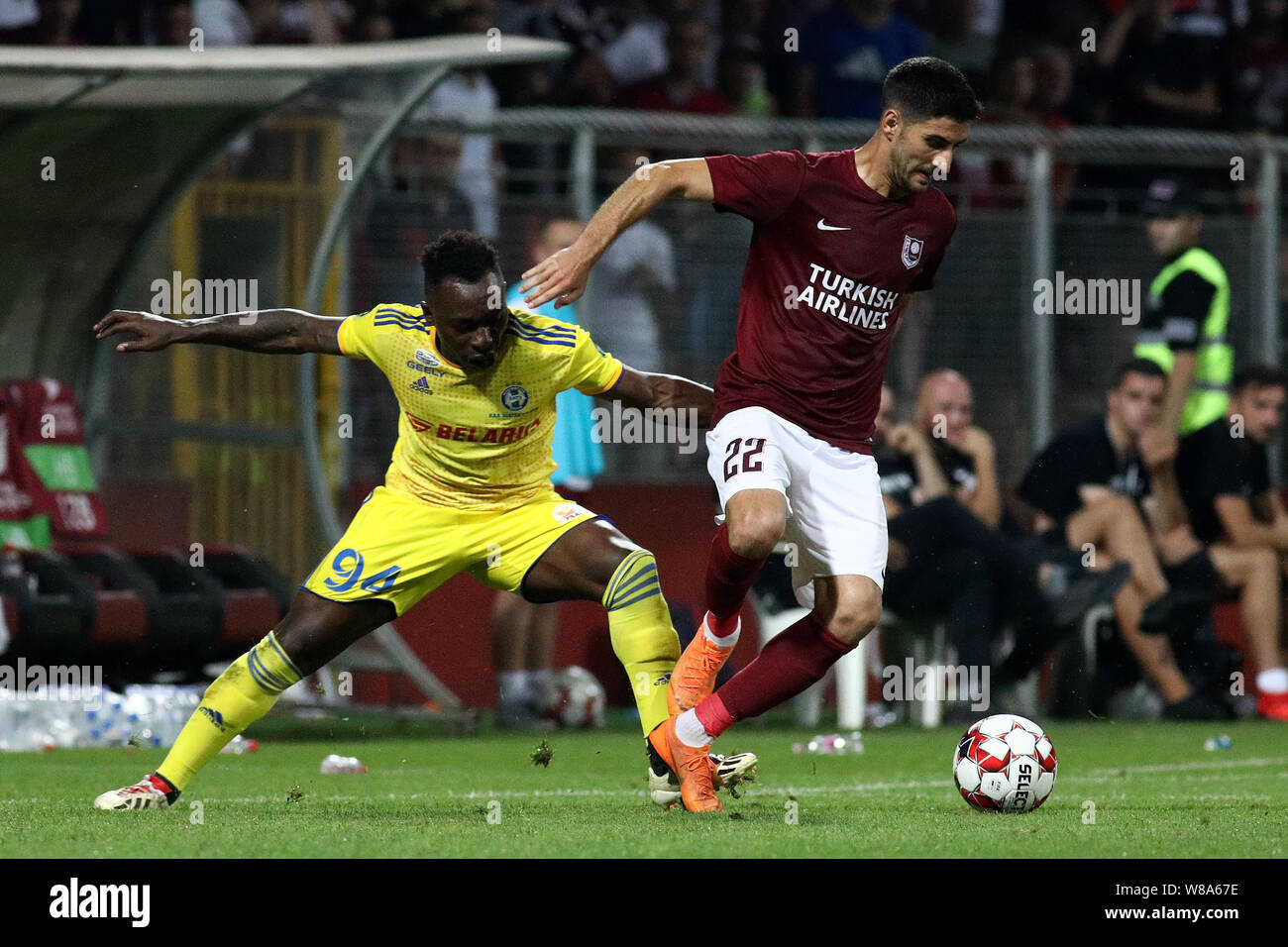 Zenica. 8th Aug, 2019. Bojan Letic (R) of Sarajevo vies with Hervaine Moukam of Bate Borisov during the third qualifying round match of UEFA Europa League between Sarajevo of Bosnia and Herzegovina and Bate Borisov of Belarus in Zenica, Bosnia and Herzegovina on Aug. 8, 2019. Bate Borisov won 2-1. Credit: Nedim Grabovica/Xinhua/Alamy Live News Stock Photo
