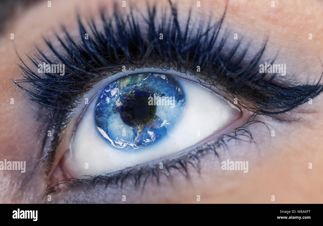 Eye with inside the World. Earth is sad due to pollution, wars, terrorism. Globe provided by NASA Stock Photo