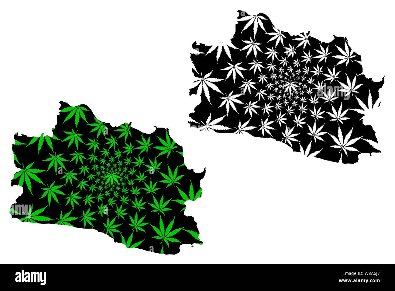 West Java (Subdivisions of Indonesia, Provinces of Indonesia) map is designed cannabis leaf green and black, Jawa Barat map made of marijuana (marihua Stock Vector