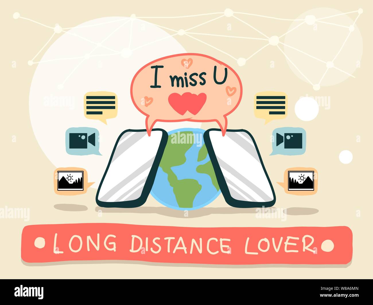 Long distance relationship now closer by Smartphone and internet. Drawing free hand vector illustration with separate layers Stock Vector