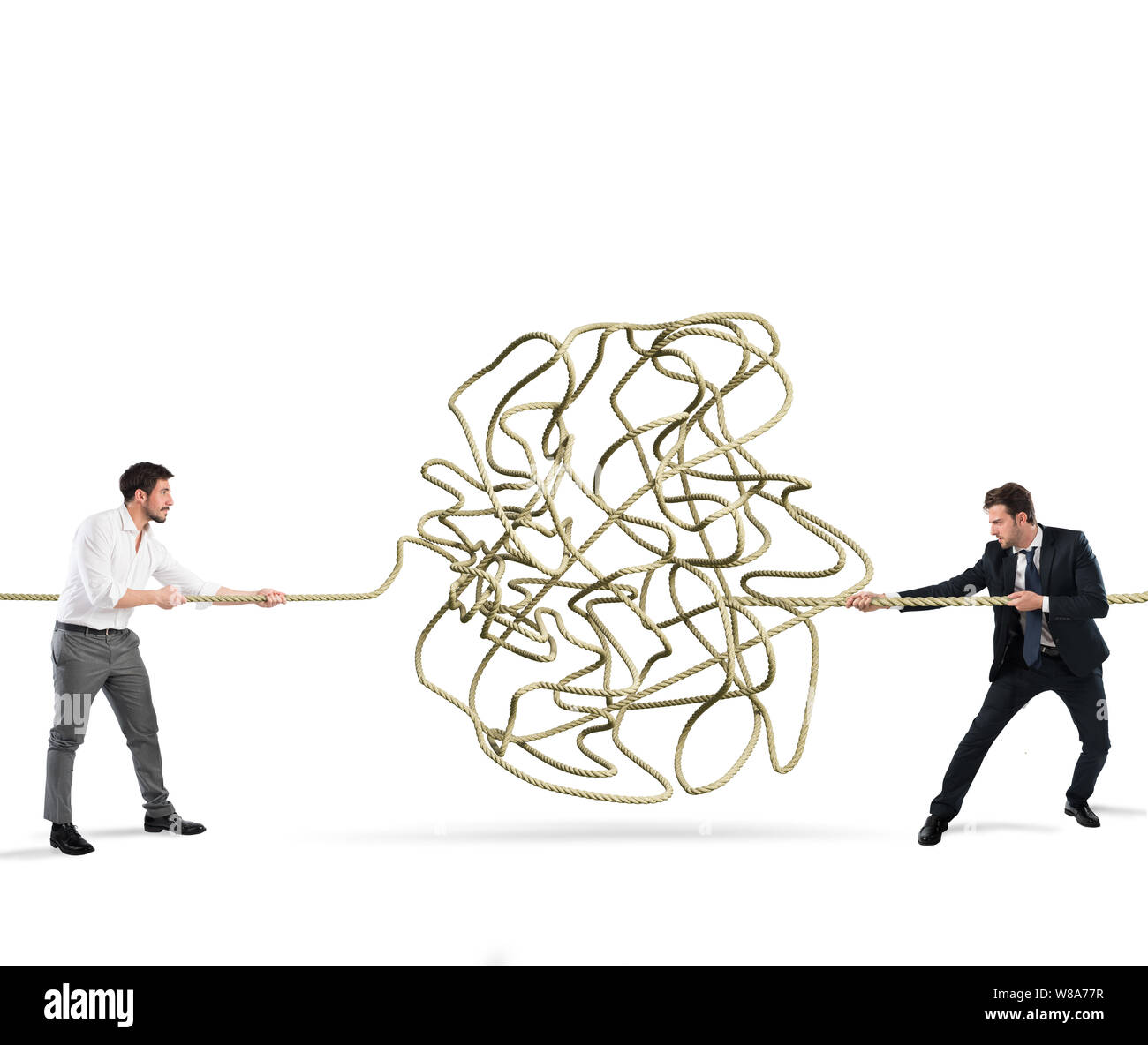 Businessmen try to solve a tangled rope. Concept of partnership Stock Photo