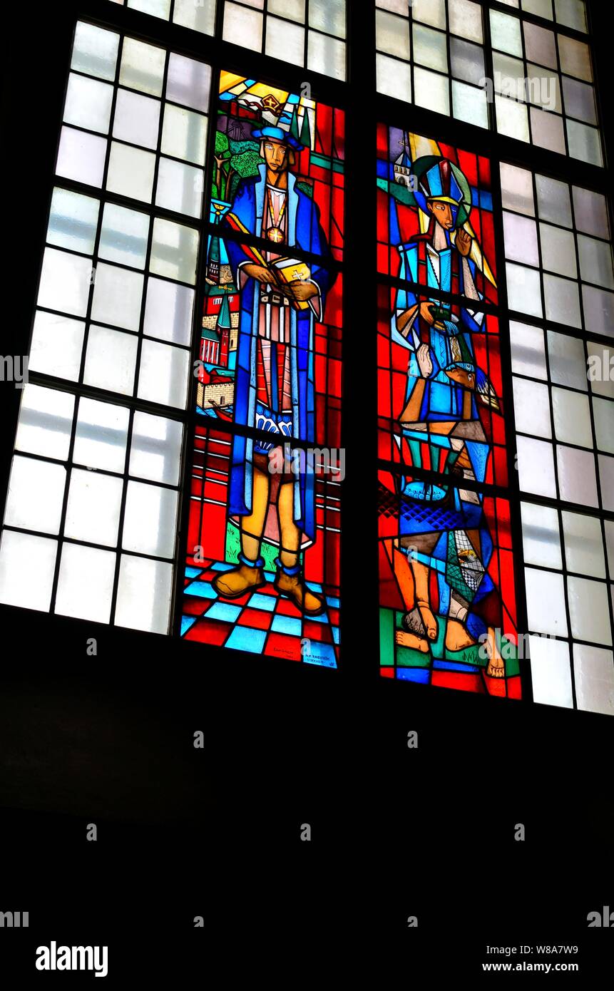 Modern stained glass windows inside Storkyrkan Cathedral, Gamla stan,  Stockholm, Sweden. Medieval church circa 1290, added to for centuries. Stock Photo