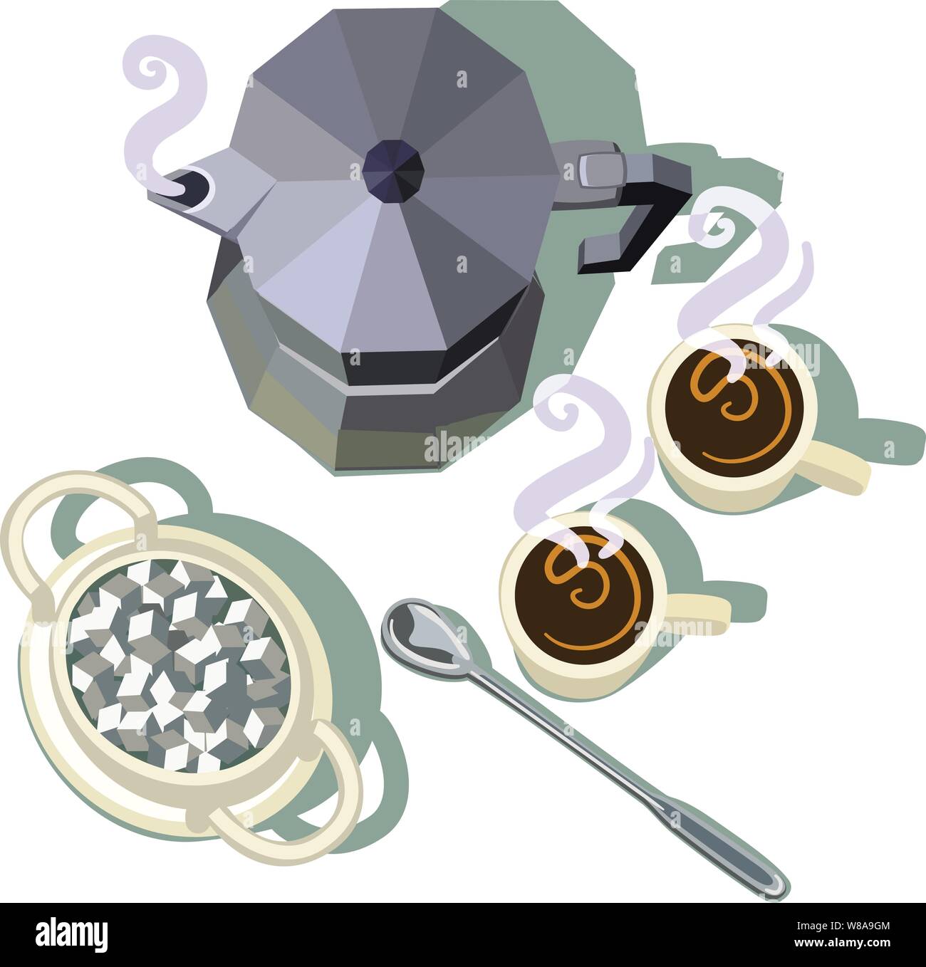 Espresso coffee brewer with 2 steaming cups of coffee a spoon & a large sugar bowl fulll of cubed sugar Stock Vector