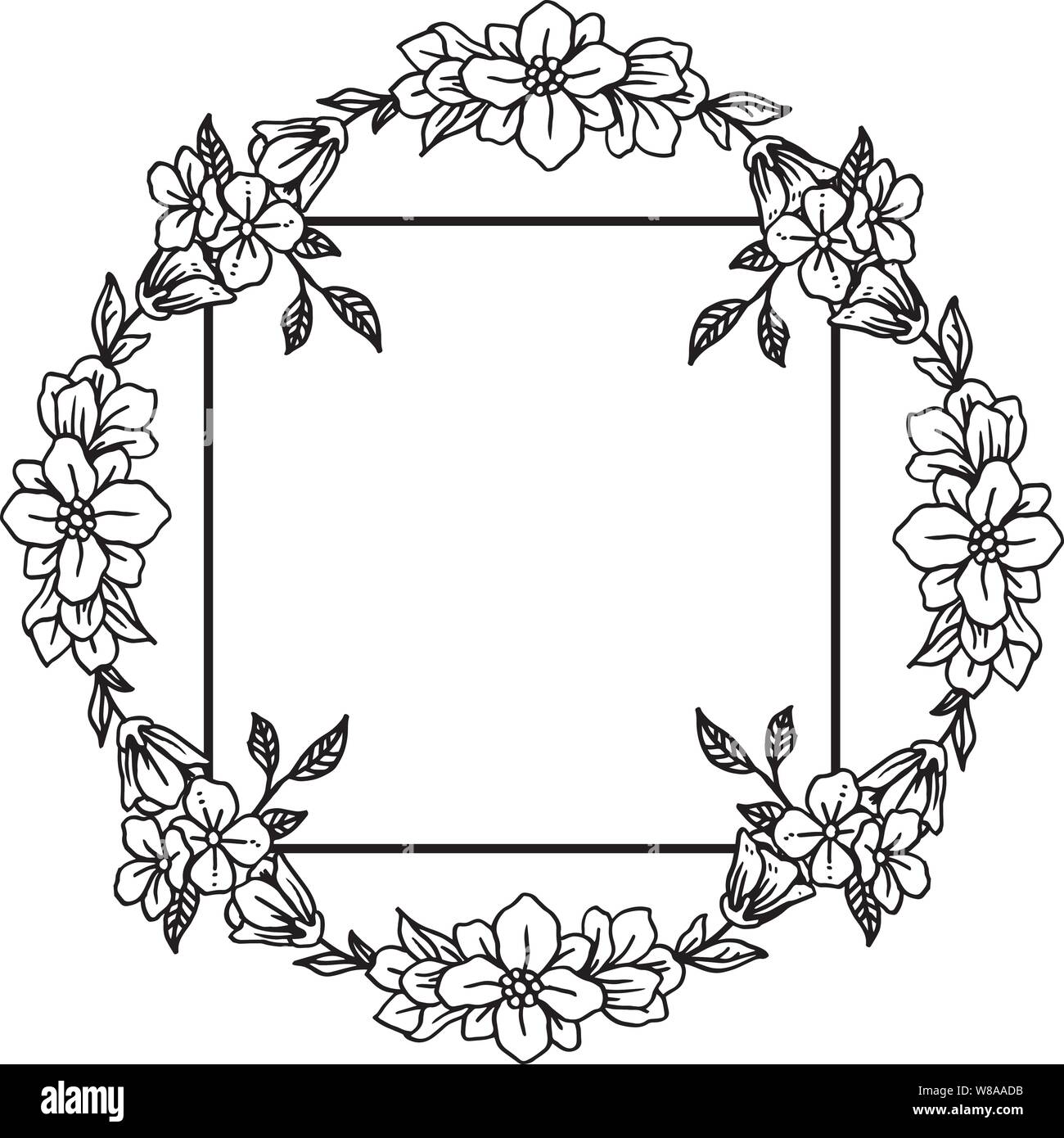 Ornament leaf flower frame, in black and white colors. Vector