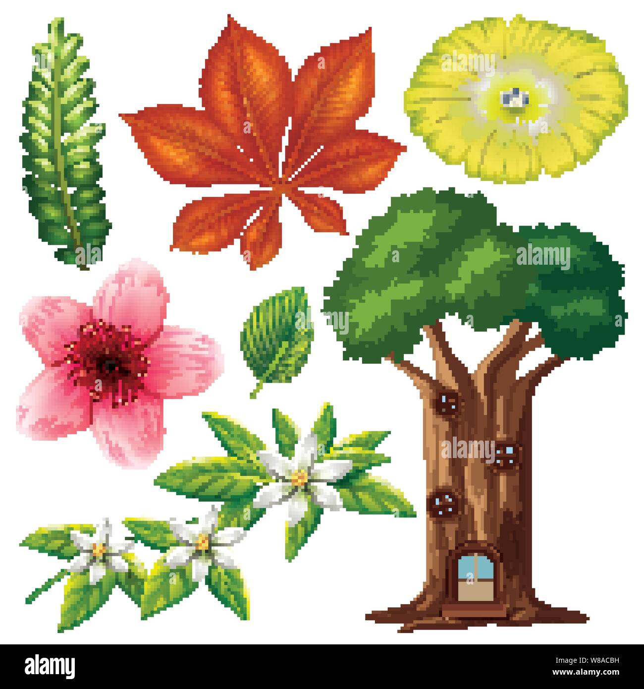 set of isolated flowers and tree illustration Stock Vector Image & Art