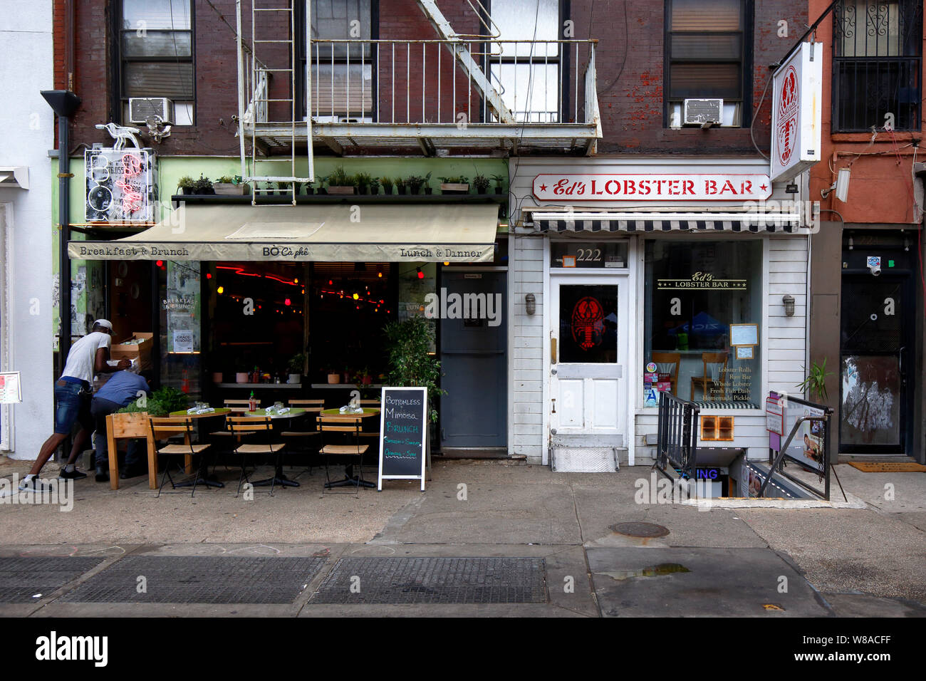 [historical storefront] BoCaphe, Ed's Lobster Bar, 222 Lafayette Street, New York, NYC storefront of restaurants in Manhattan's SoHo. Stock Photo