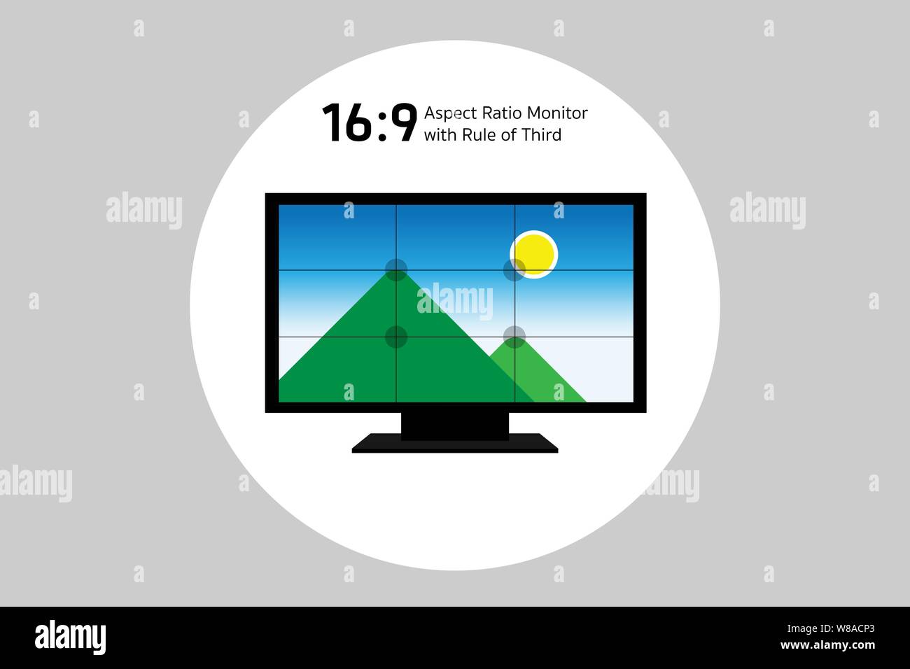 Rule of thirds with 16 by 9 aspect ratio, old technology with glass monitor but still important with composition in arts. black and white vector. Stock Vector