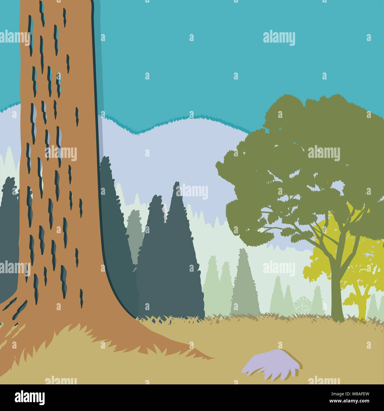 Cut paper forest in color with mountains and the trunk of a large tree and a rock in the foreground. Both deciduous and coniferous trees and mountains Stock Vector