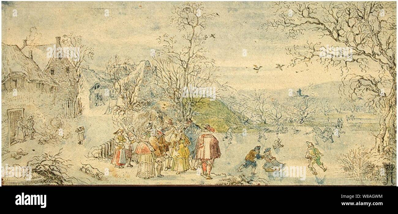 Denis van Alsloot - Winter Landscape with Figures. Stock Photo