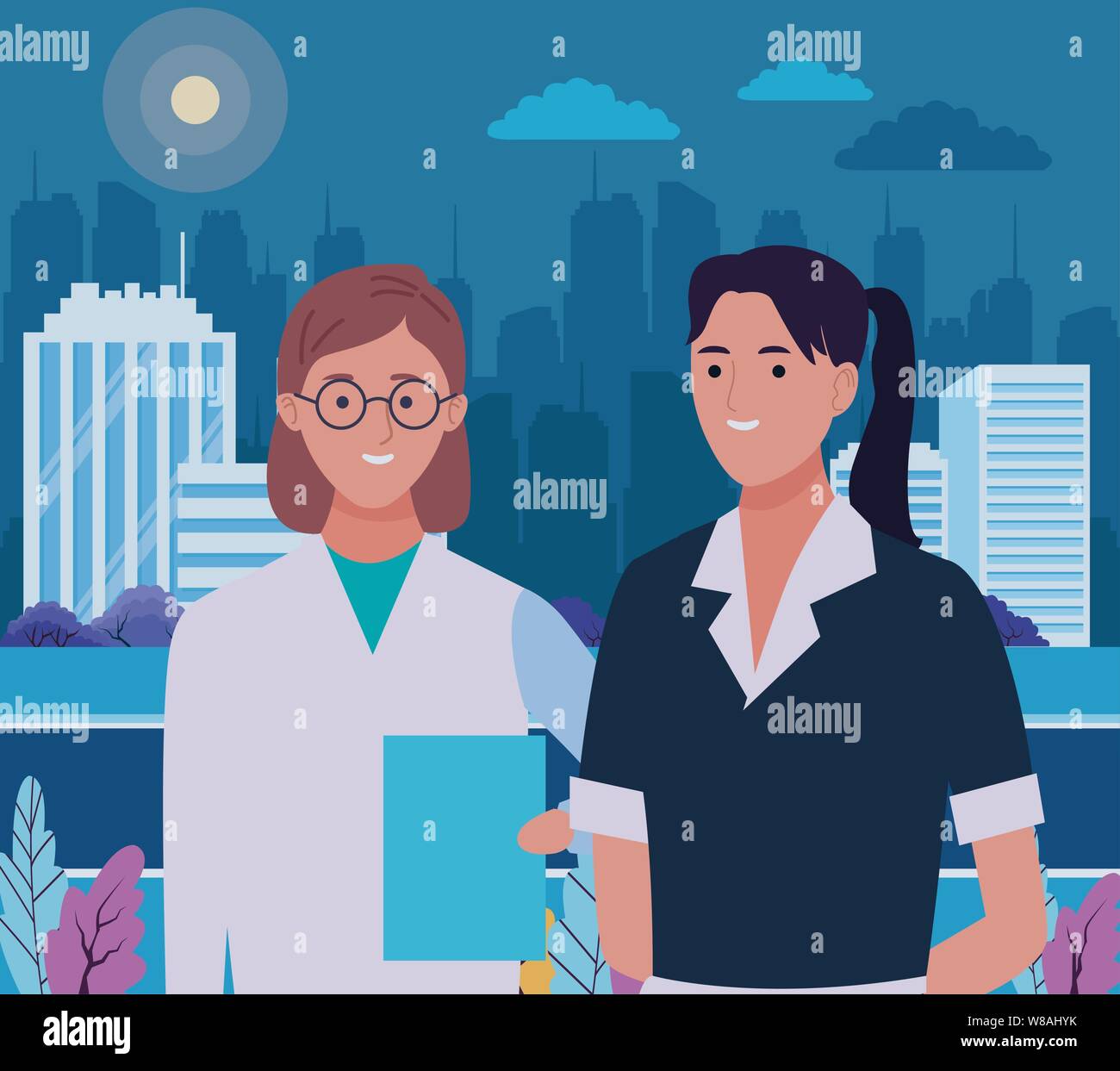 Professionals workers couple smiling cartoons Stock Vector