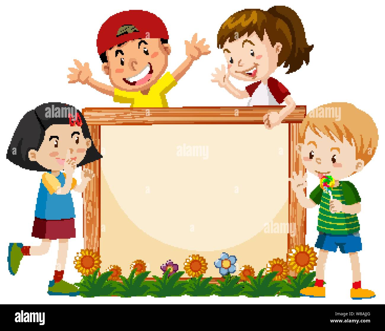 Banner template design with many kids and flowers illustration Stock
