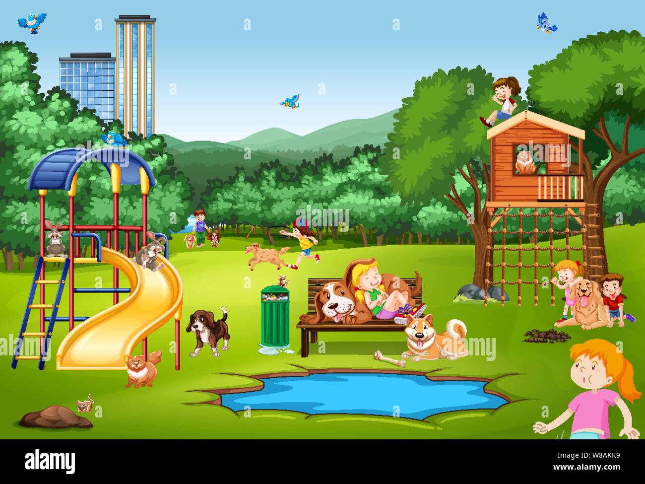 Scene with kids and animals in the park illustration Stock Vector Image &  Art - Alamy