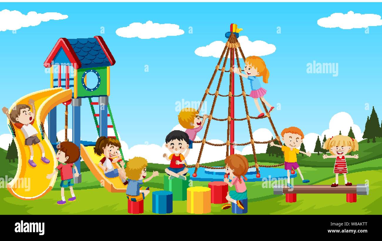 Active boys and girls playing sport and fun activities outside illustration Stock Vector Image