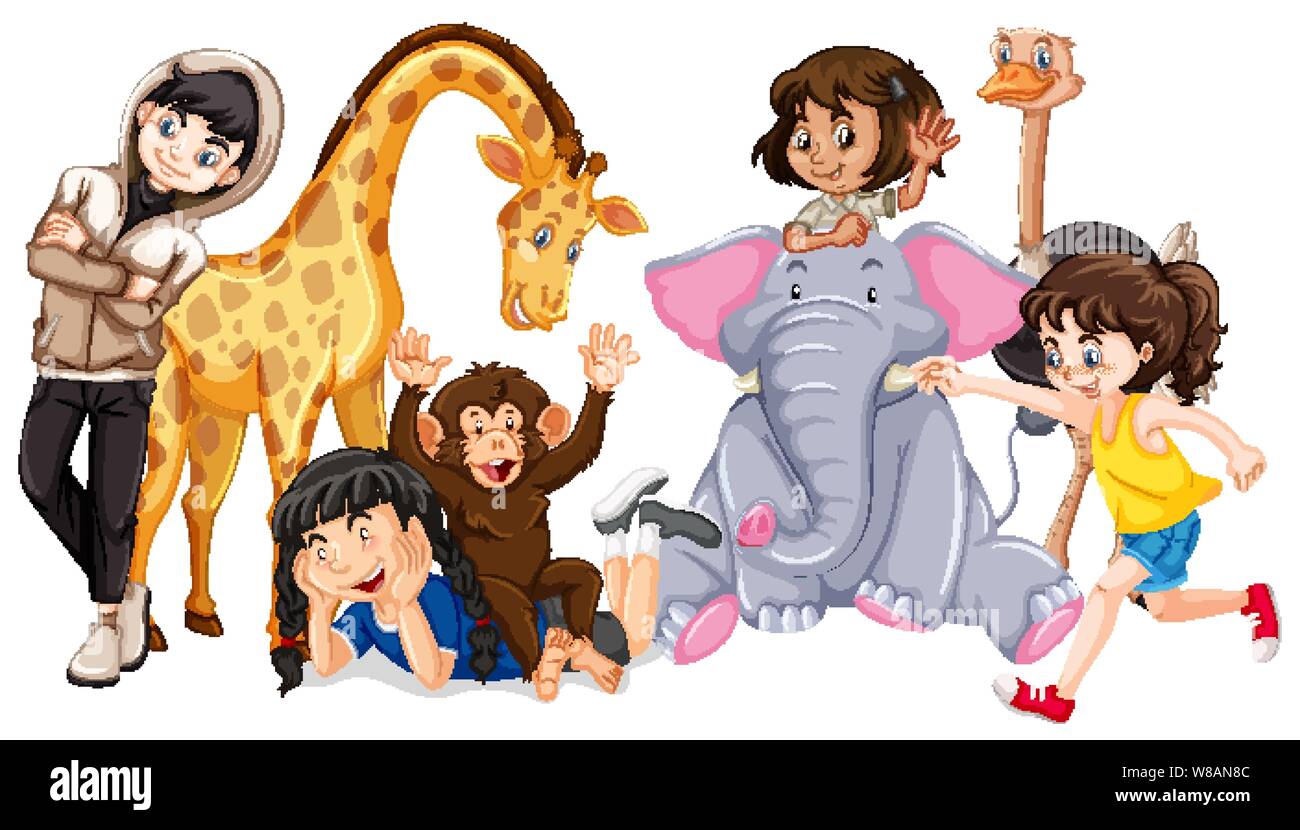 Children with animals on isolated background illustration Stock Vector ...